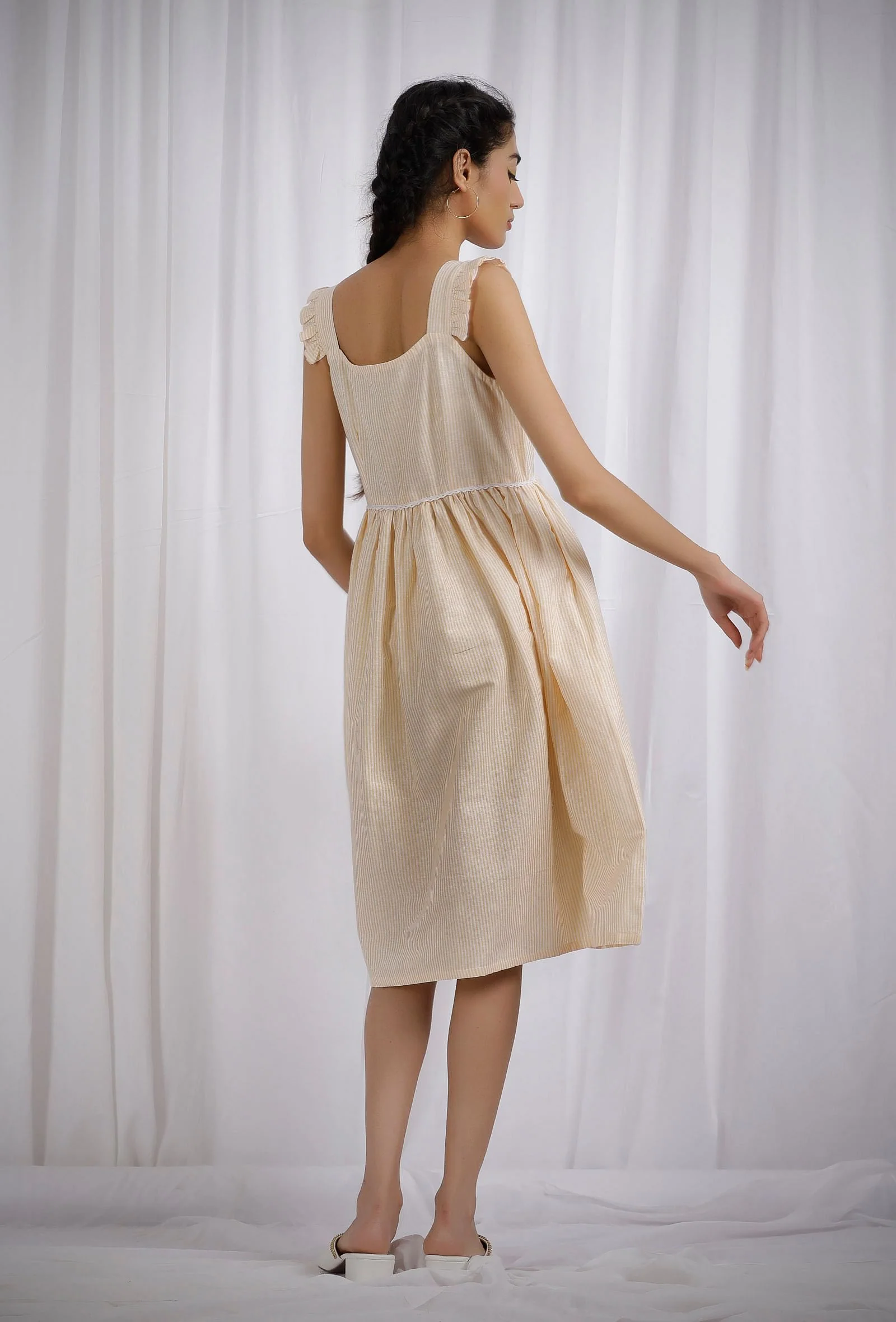 Yellow Cotton Striped Flared Dress - Image 4