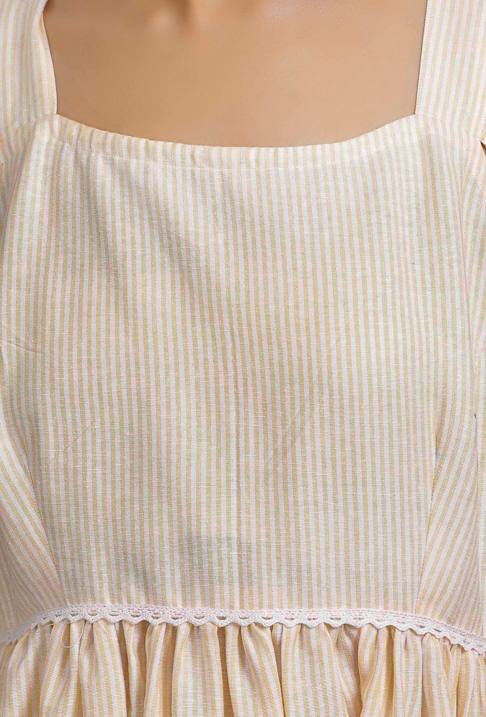 Yellow Cotton Striped Flared Dress - Image 5