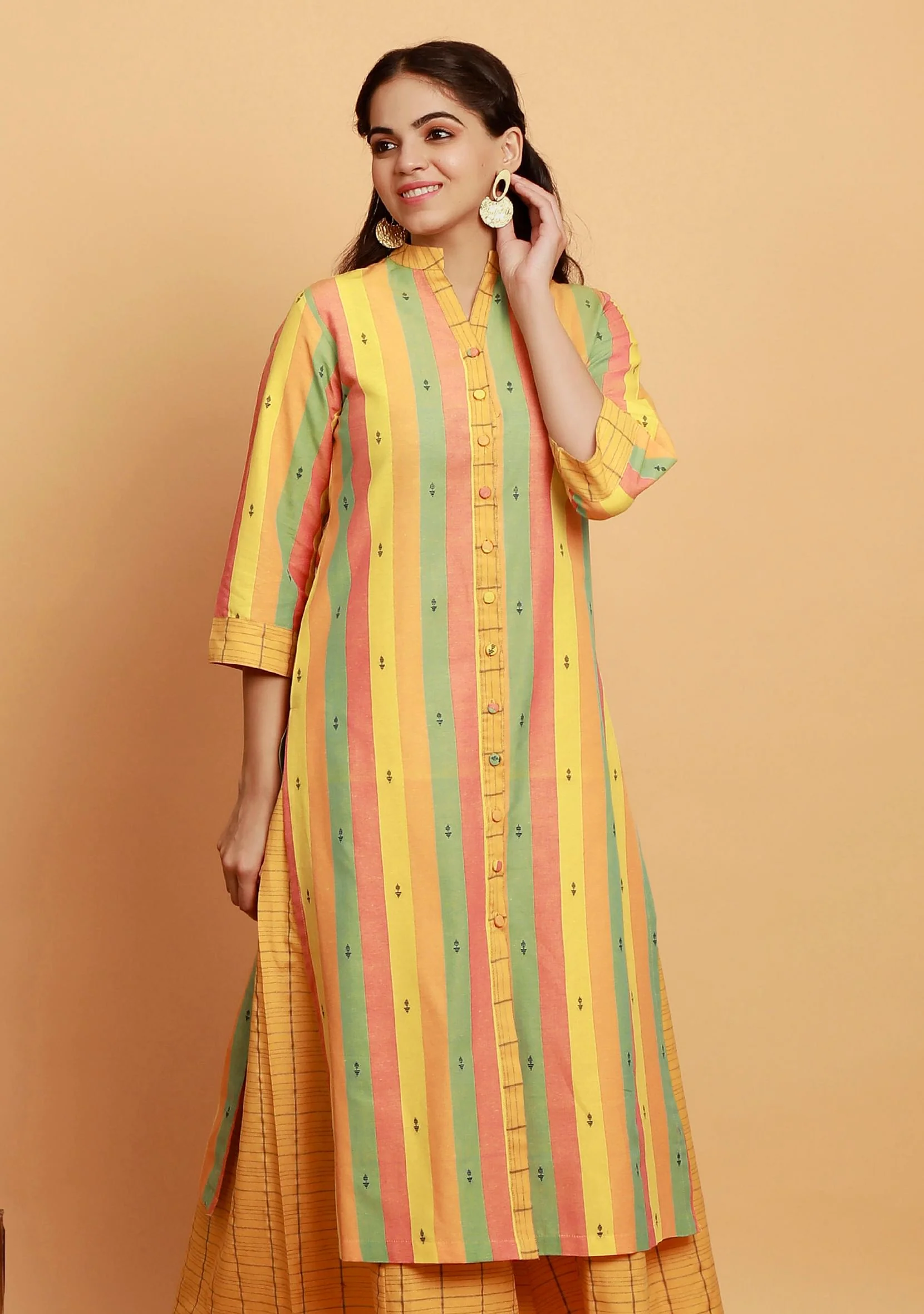 Yellow Multicolor Stripe Straight Woven Kurta - Image 3