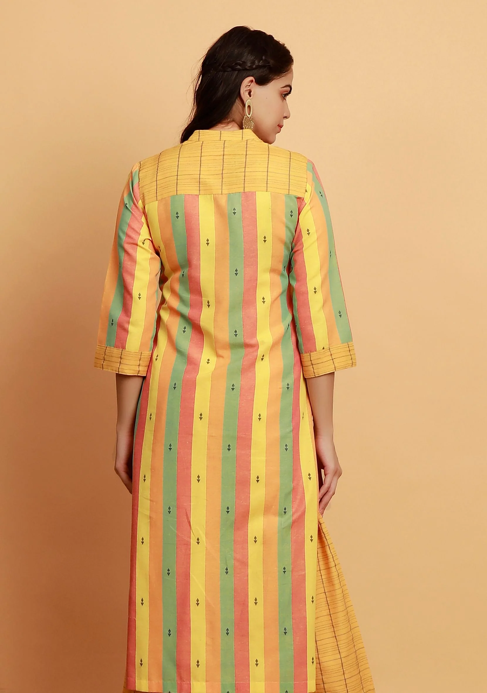 Yellow Multicolor Stripe Straight Woven Kurta - Image 4