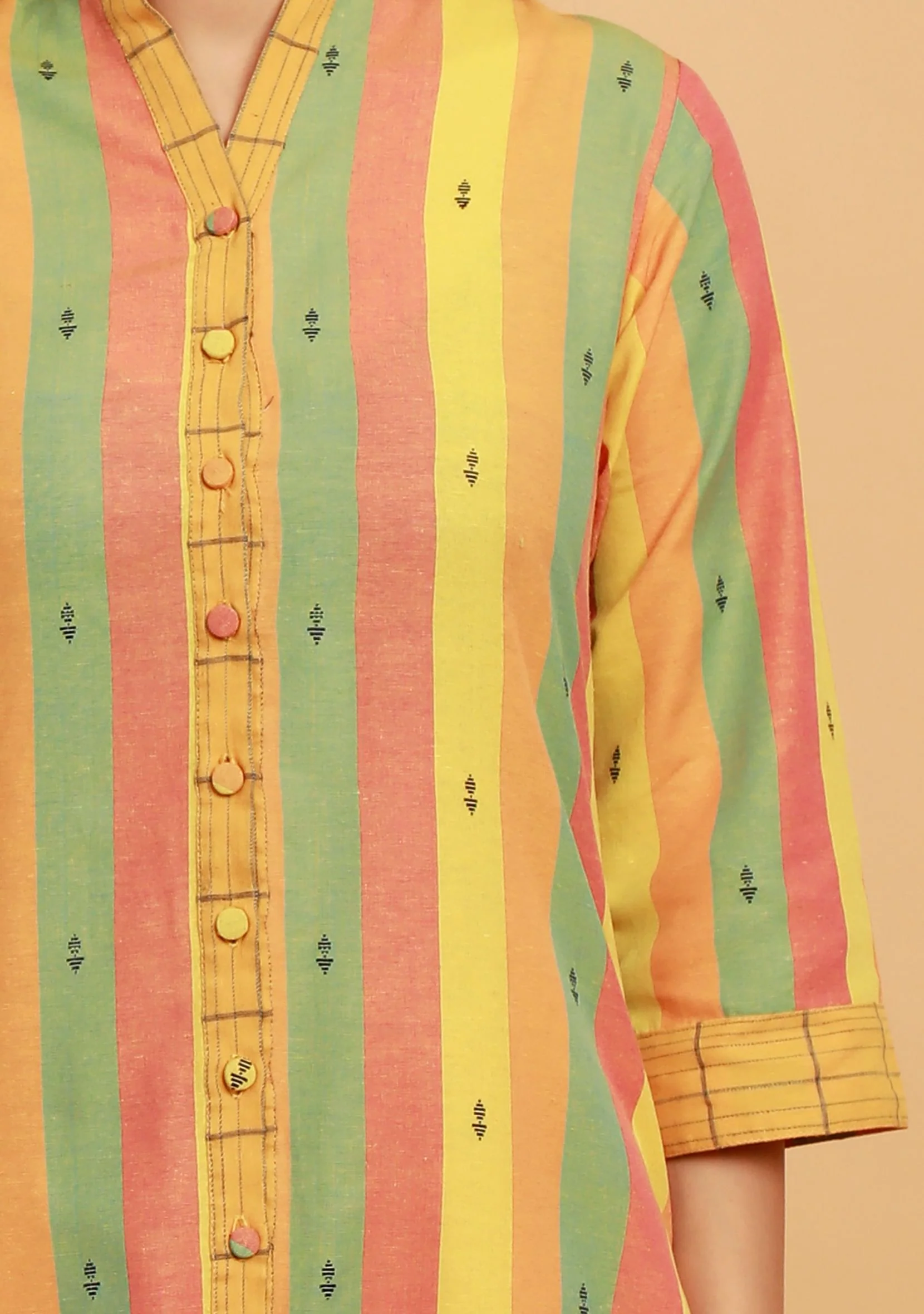 Yellow Multicolor Stripe Straight Woven Kurta - Image 5