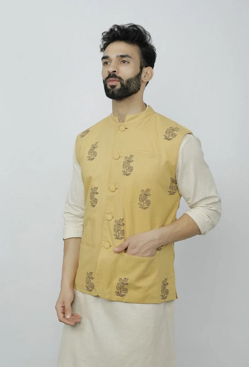 Block Printed Yellow Waist Coat - Image 3